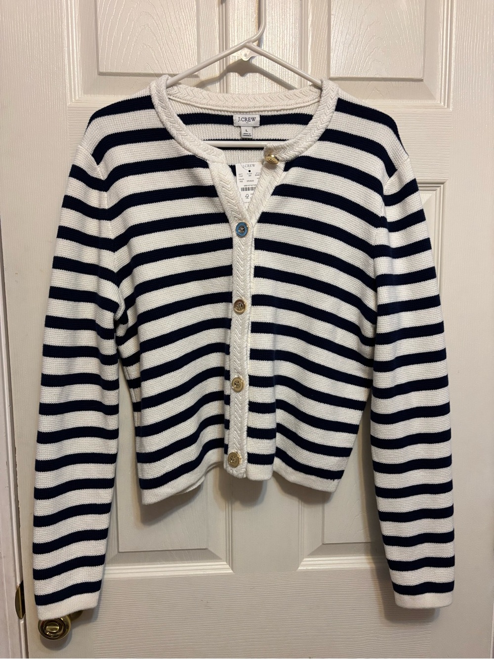 NEW J.Crew Striped Cotton Lady Jacket Cardigan Sweater Gold Button Ivory Navy L